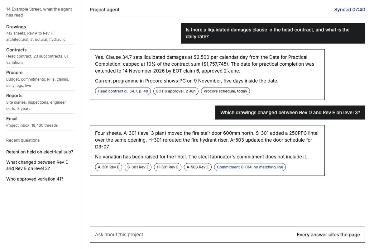 The assistant answering a contract question and a drawing revision question, sources cited